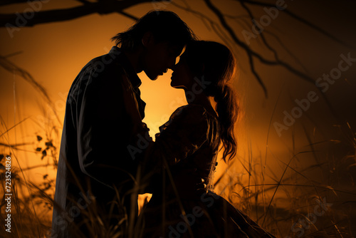 silhouette of a romantic couple in a sunset evening