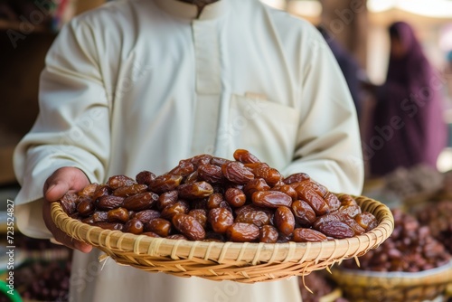 person in traditional attire holding out a woven basket filled with an abundance of shiny brown dates