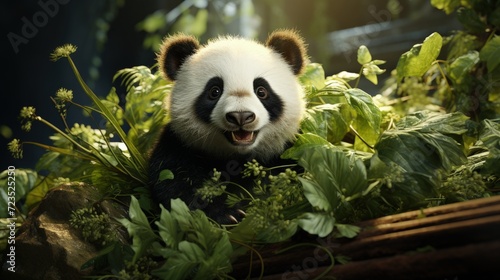 A cuddly panda munching on bamboo photo