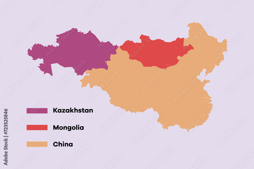 Map of Kazakhstan, Mongolia and China. World map concept. Colored flat vector illustration isolated.