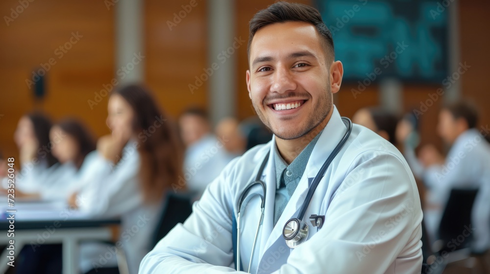 Fototapeta premium Doctor, Portrait of a smiling young doctor on seminar board room or during an educational class.