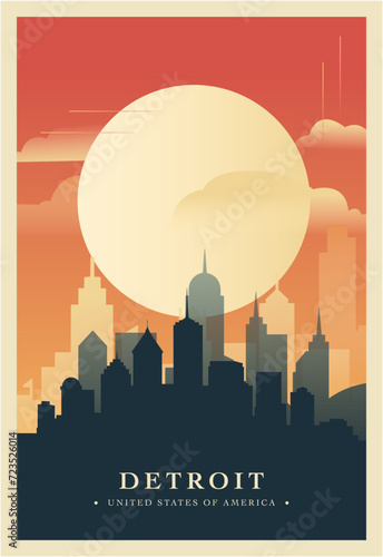 Detroit city brutalism poster with abstract skyline, cityscape. USA Michigan state retro vector illustration. US travel front cover, brochure, flyer, leaflet, presentation template, layout image