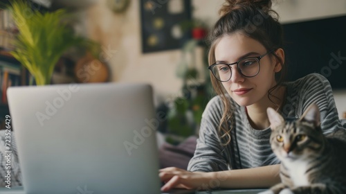 Young freelancer woman in eyeglasses works at home with a laptop and a cat, Remote work, Shopping, Education, Working from home concept. photo