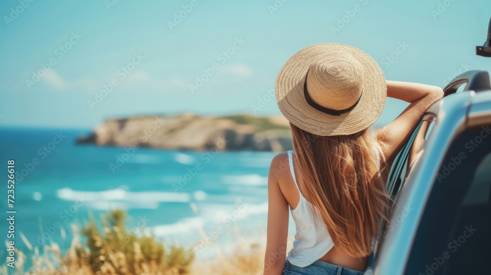 Fototapeta premium Young woman traveler in a hat standing near her car during summer holiday on the sea.