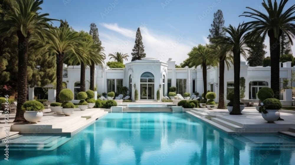 white mansion with palmtrees, luxury garden, summer day