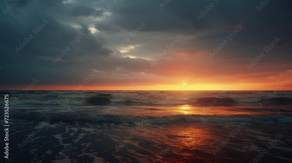 Dramatic view of sunset beach abstract background. Generative ai.