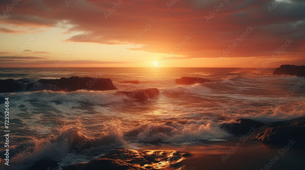 Dramatic view of sunset beach abstract background. Generative ai. Dramatic view of sunset beach abstract background. Generative ai.