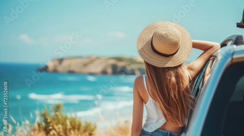 Young woman traveler in a hat standing near her car during summer holiday on the sea. © Oulaphone