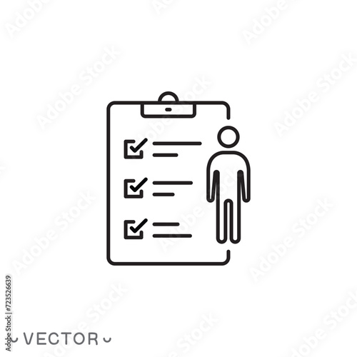 user checklist icon, manager candidate, account activity, thin line symbols isolated on white background, editable stroke eps 10 vector illustration