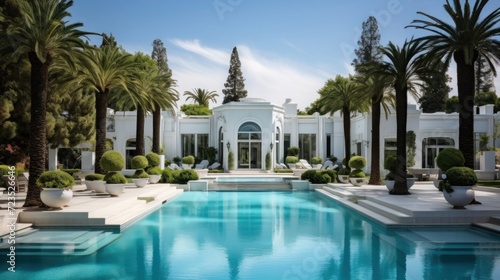 white mansion with palmtrees, luxury garden, summer day