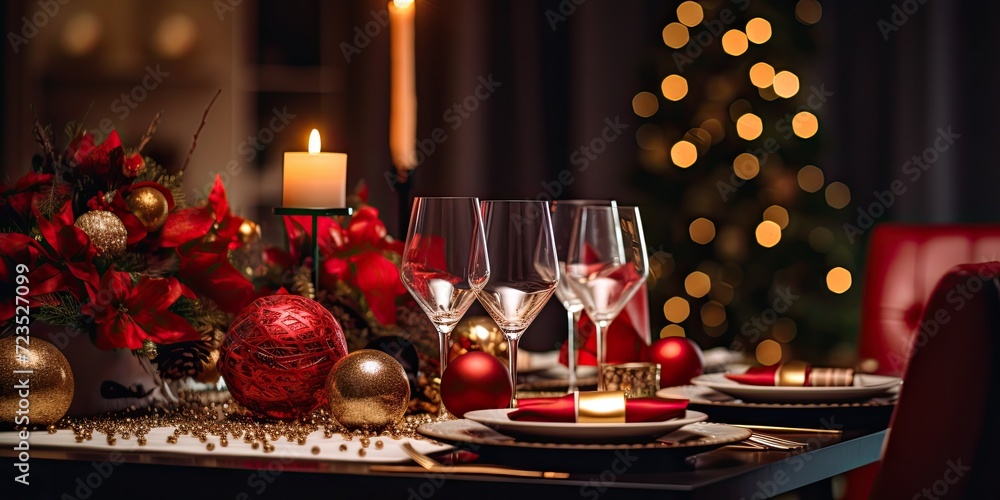 Christmas eve decorated dining table in living room.