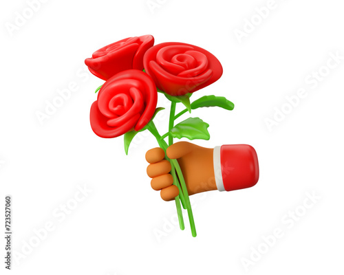 Vector 3d hand with rose bouquet icon. Red bunch of flowers in cartoon stylized palm illustration, isolated on white background. Happy mothers day or Women day concept. Romance emoji