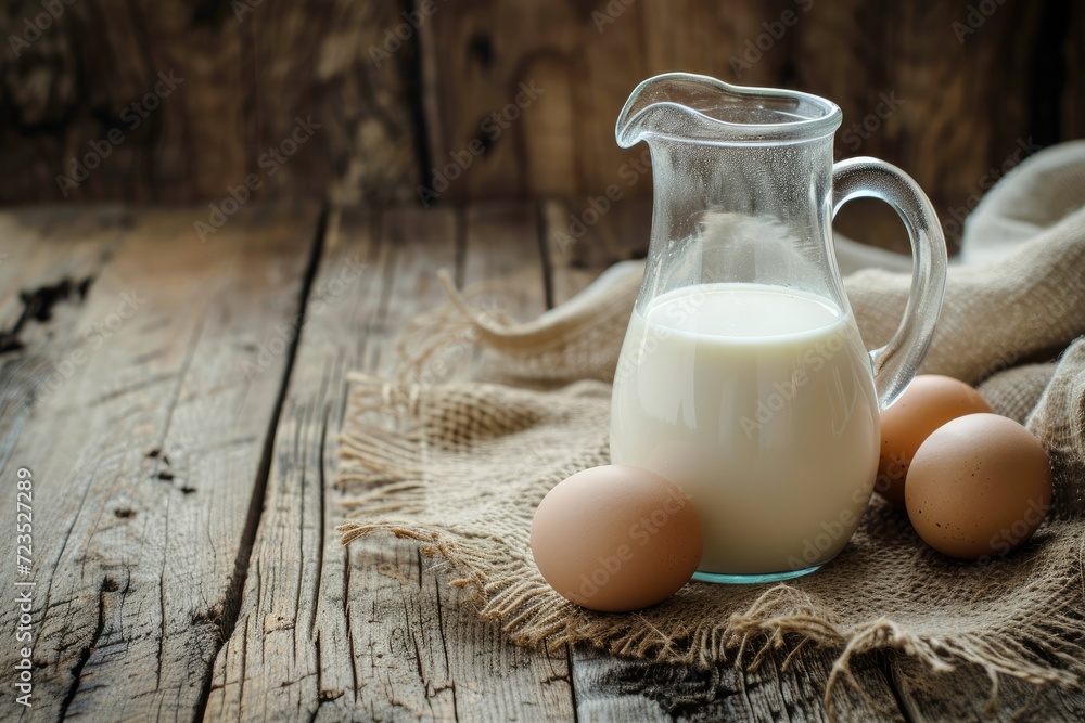 Glass jug of milk and egg on wooden table. Glass jug of milk and egg on wooden table.