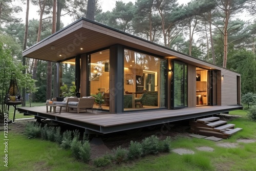 Modular wooden house. Modern and elegant style, with an outdoor living area. © kardaska