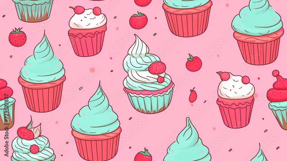 Seamless pattern with cupcakes and strawberries. Vector illustration. Seamless pattern with cupcakes and strawberries. Vector illustration.