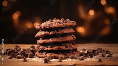 Chocolate chip cookies on wooden table with bokeh background. photo