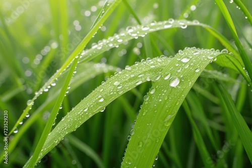 Raindrops on green rice plants