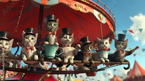 Cartoon scene of a group of cats in top hats and bow ties riding a flying teacup at the catnip carnival with their tails wagging in excitement.