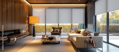 Large automatic double solar blackout roller blinds and electric sunscreen curtains enhance the modern interior with wood decor panels on walls.