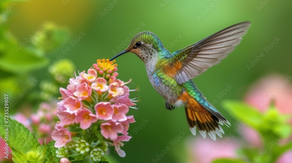 Hummingbirds hover around blooming flowers in a green forest in Costa Rica. natural habitat, beautiful hummingbird sucking nectar, colorful background Wildlife in tropical nature Hummingbirds hover around blooming flowers in a green forest in Costa Rica. natural habitat, beautiful hummingbird sucking nectar, colorful background Wildlife in tropical nature