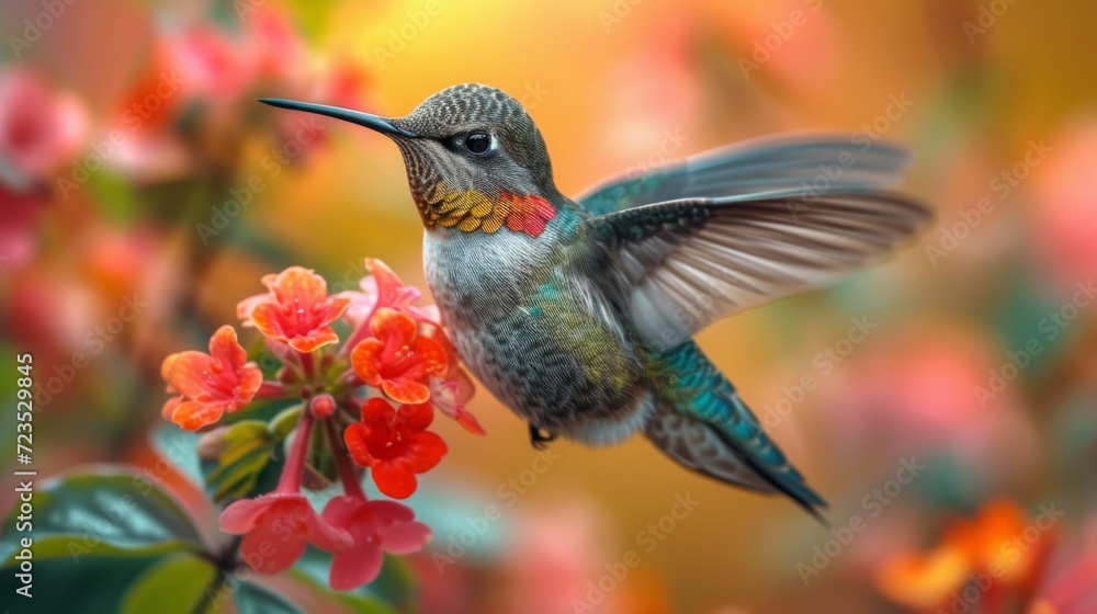 Obraz premium Hummingbirds hover around blooming flowers in a green forest in Costa Rica. natural habitat, beautiful hummingbird sucking nectar, colorful background Wildlife in tropical nature