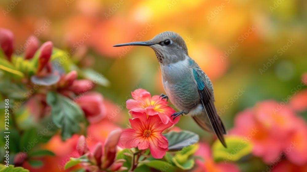 Obraz premium Hummingbirds hover around blooming flowers in a green forest in Costa Rica. natural habitat, beautiful hummingbird sucking nectar, colorful background Wildlife in tropical nature