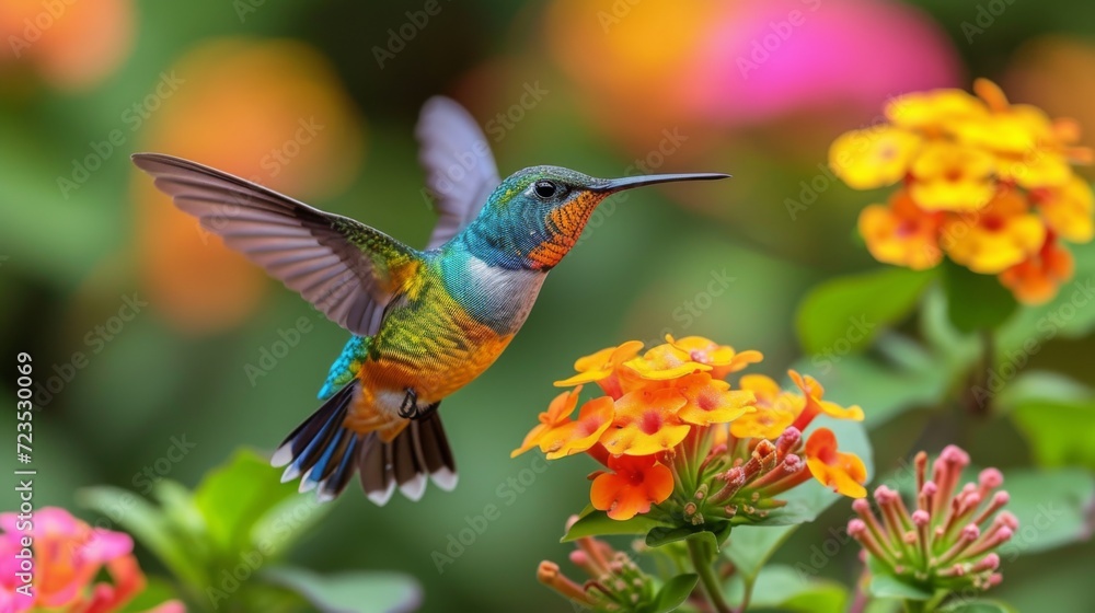 Fototapeta premium Hummingbirds hover around blooming flowers in a green forest in Costa Rica. natural habitat, beautiful hummingbird sucking nectar, colorful background Wildlife in tropical nature