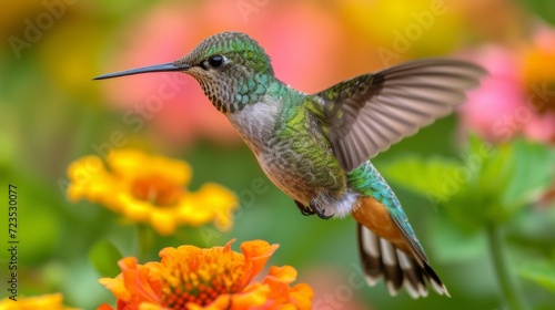 Hummingbirds hover around blooming flowers in a green forest in Costa Rica. natural habitat, beautiful hummingbird sucking nectar, colorful background Wildlife in tropical nature © ND STOCK