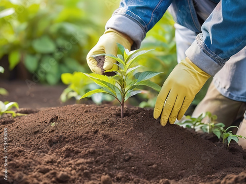 Closeup of hands shoveling soil to plant trees.