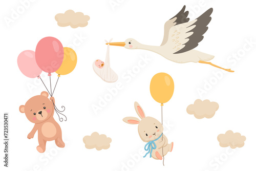 Cute stork flies and carries newborn baby in clouds. Cute rabbit and bear flying with balloon. Vector cartoon illustrations set isolated on white.