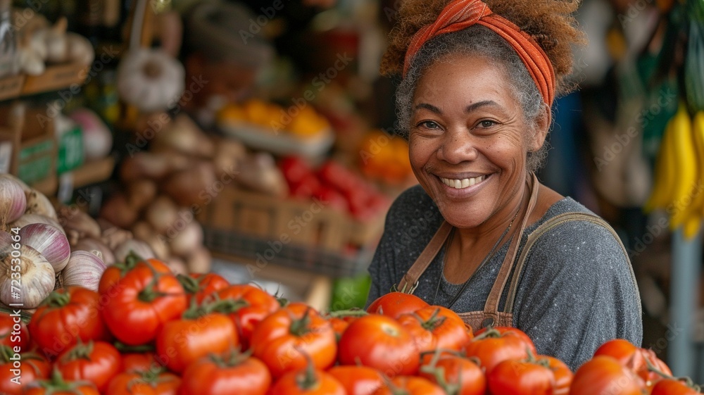 African American woman purchasing organic tomatoes and sustainable local garlic from a pleased elderly street vendor