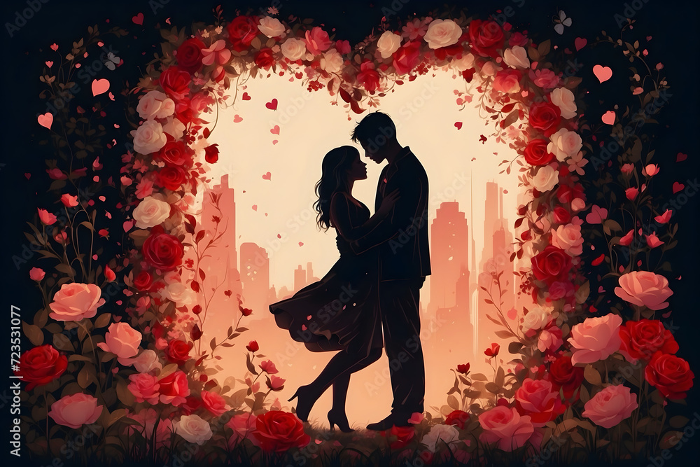 A romantic couple under a tree with valentines themes