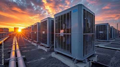On the roof of an industrial building is an external unit for a commercial HVAC system.