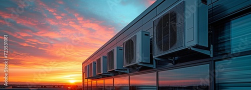 On the roof of an industrial building is an external unit for a commercial HVAC system. photo