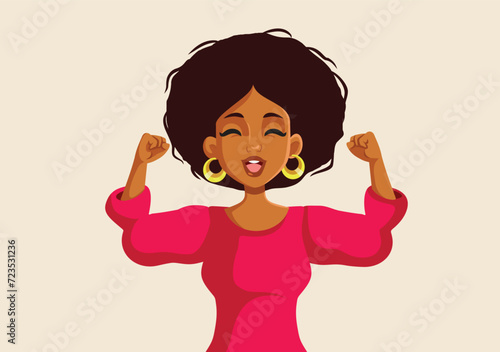 Happy Excited Content Woman of African Ethnicity Vector Character. Cheerful girl celebrating success and achievement in life 

