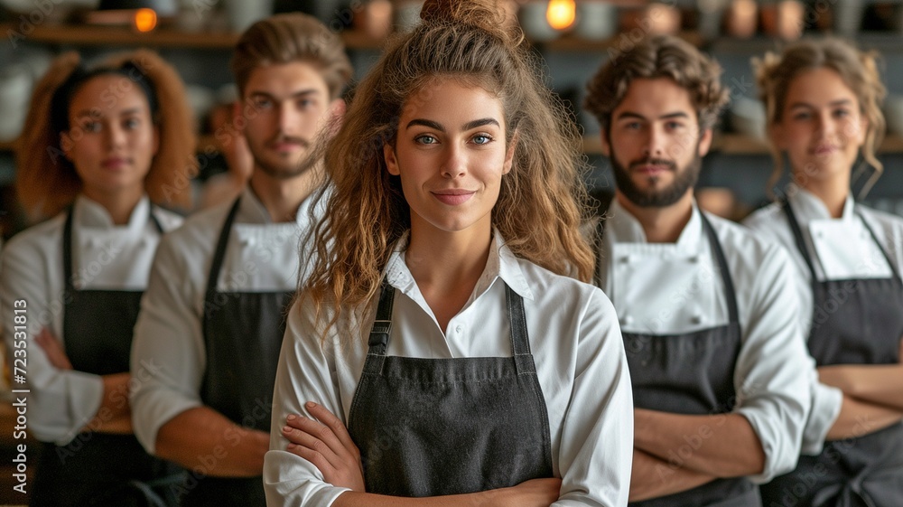 A sizable cluster of waiters and waitresses arranged in a row A sizable cluster of waiters and waitresses arranged in a row