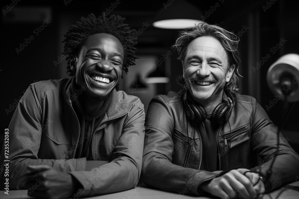 Obraz premium Two men laughing and looking at camera