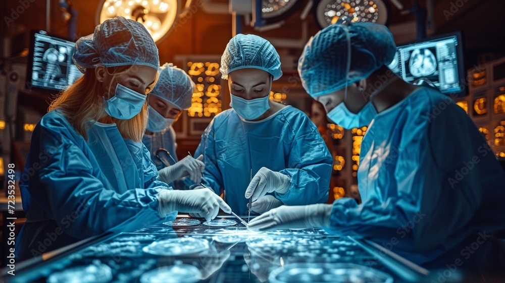 In a state-of-the-art operating room, a surgical team uses holographic displays to do virtual cardiac surgery. In a state-of-the-art operating room, a surgical team uses holographic displays to do virtual cardiac surgery.