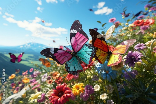 A cluster of colorful butterflies in a field