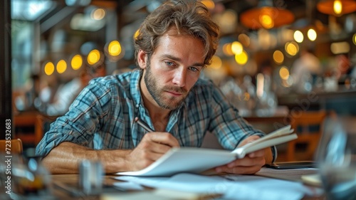 drained young entrepreneur jotting down notes with his notepad photo