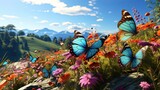 A cluster of colorful butterflies in a field