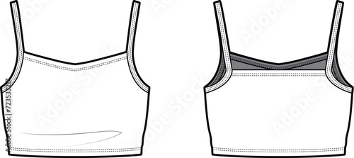 Technical flat sketch of Girl's Crop Sleeveless top. Shoulder strap V-neck tank top. Vector mock up Template.  photo