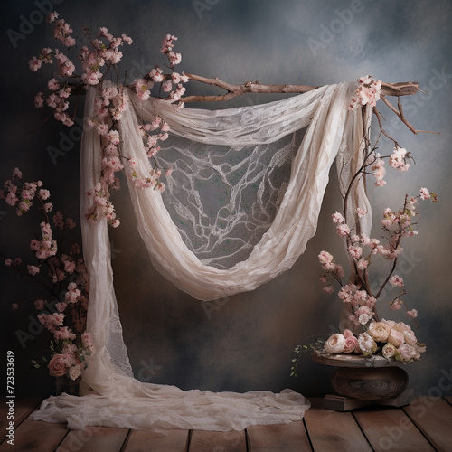 floral draped bed background for photography 