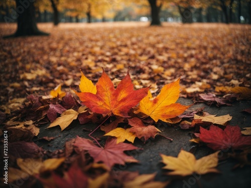 Maple leaves on the ground in the autumn park. Autumn background