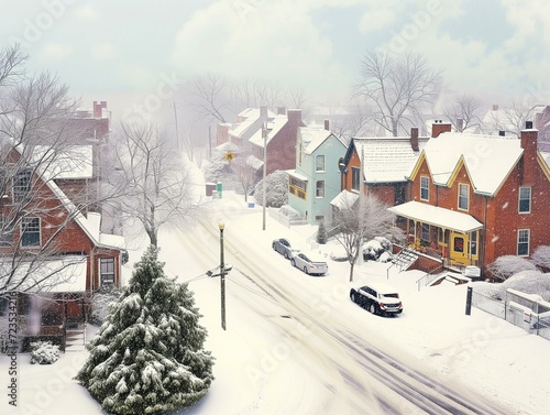 Aerial view of snow-covered street in small town during winter. © LestariFajrin