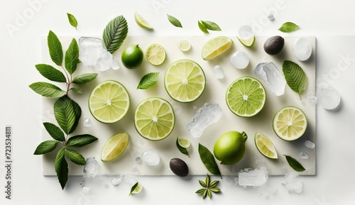 Flat lay composition with fresh limes, leaves and ice cubes on white background. Space for text