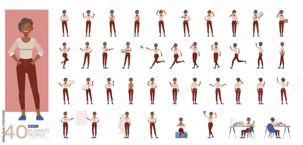 Fototapeta premium Big Set of working woman wear cream shirt color character vector design. Presentation in various action. People working in office planning, thinking and economic analysis.