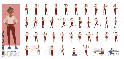 Big Set of working woman wear cream shirt color character vector design. Presentation in various action. People working in office planning, thinking and economic analysis.
