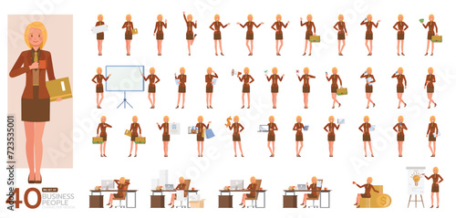 Big Set of working woman wear orange suit character vector design. Presentation in various action. People working in office planning, thinking and economic analysis.