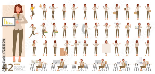 Big Set of working woman wear brown suit character vector design. Presentation in various action. People working in office planning, thinking and economic analysis. © yindee